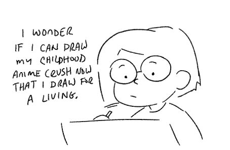 Self portrait of the artist at work wondering if she can draw her childhood anime crush.