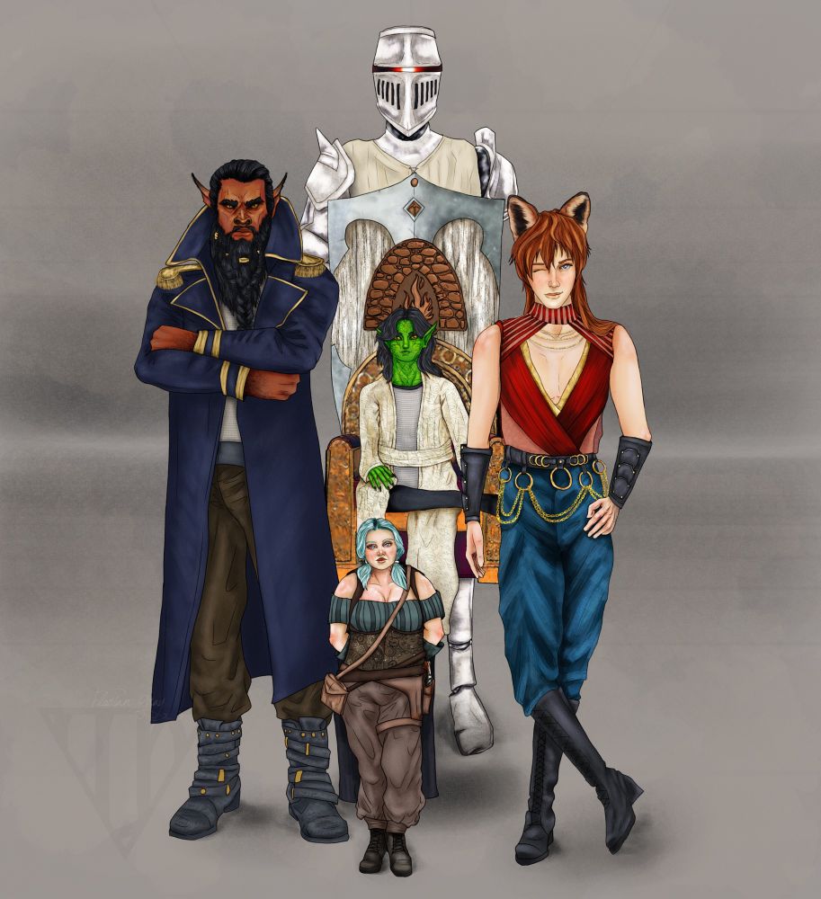 A D&D adventuring party of six poses together in front of a soft gray background, each character distinct in appearance, style, and expression. From left to right: a tall bugbear with ruddy red-brown skin, black hair, and a thick beard stands with arms crossed, wearing a long navy coat with gold trim, dark trousers, and sturdy boots. His posture is imposing and serious. Next to him is a cheerful gnome woman with light blue hair styled in high pigtails. She wears a brown leather corset over a cream blouse, loose pants tucked into boots, and several tool pouches. A small firearm is holstered at her hip, and her wide grin radiates energy and mischief. Behind her floats a green-skinned goblin with long black hair, seated in an intricately carved floating wooden throne. Glowing arcane markings cover his arms, neck, and face. He wears a white robe over chainmail which has faint green leaf designed on it. Behind the throne stands a towering warforged made entirely of smooth white armor. Their head is a sleek, expressionless helmet that serves as their face, with a narrow red visor slit glowing softly. They hold a silver shield emblazoned with the symbol of Boldrei and stand in a calm, sentinel-like stance. On the far right is a tall fox shifter with reddish-brown hair and fox ears, wearing a sleeveless red wrap top, blue pants, black heeled boots, and a belt with golden o-rings and chain hanging from them connecting the rings. Bracers wrap their forearms, and they rest one hand on a hip, smirking.