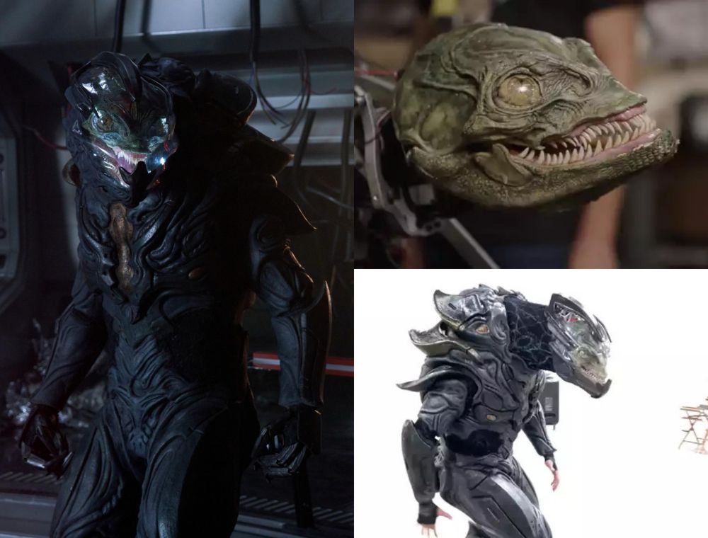 Three pictures depicting the Gorn in SNW, on the left is a fully body image of one standing upright with the helmet on, the top right is just the mechanical head used behind the scenes, and bottom right looks to be almost doll-like version