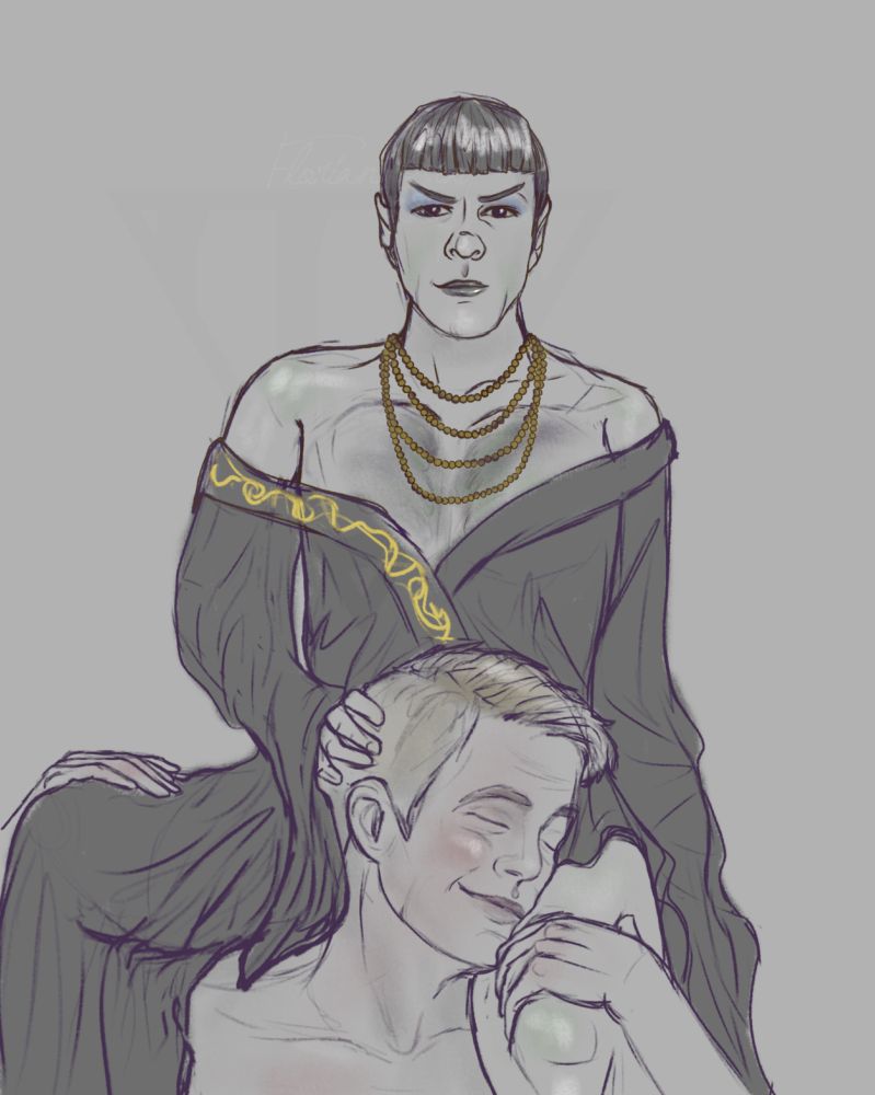 A sketch of Spock sitting behind Jim Kirk with his legs around his shoulder in a black Vulcan robe that hangs from around his shoulders. Jim is smiling softly and leaning his head against one of Spock's thighs