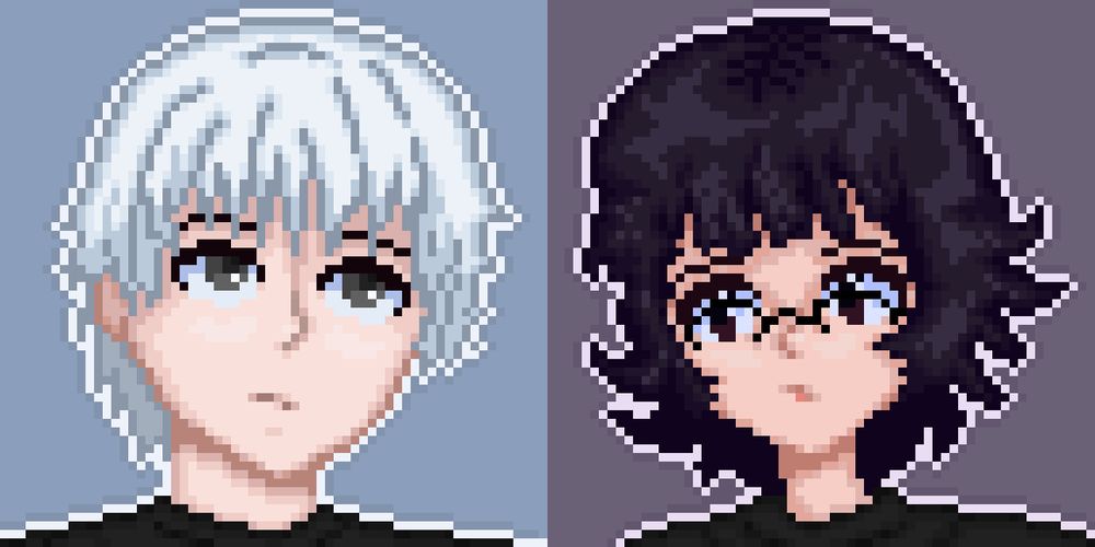 2 personagens em pixel art. Um com cabelo branco e roupa preta, outro com cabelo roxo óculos e roupa preta!