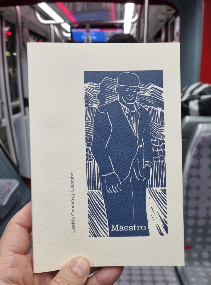 Couverture du livre Maestro de Laetitia Gaudefroy Colombot 
Linogravure figurant un viel homme à casquette 