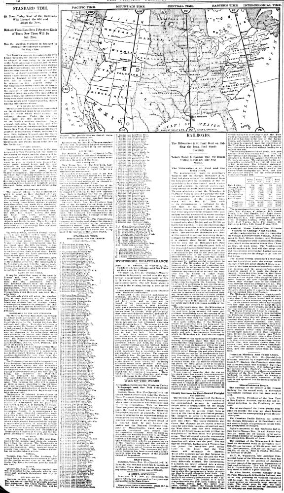 Newspaper clipping from the ‘Chicago Tribune’ on 1883 November 18. A map of the newly created zones of Standard Time across the contiguous United States is displayed, with the meridians indicated for 75° west of Greenwich as Eastern Time, 90° west as Central, 105° Mountain, and 120° Pacific. Headline is “Standard Time – At Noon Today Most of the Railroads Will Discard the Old and Adopt the New”. The article explains this new system, then lists how many minutes to adjust clocks in major cities away from local mean solar time.