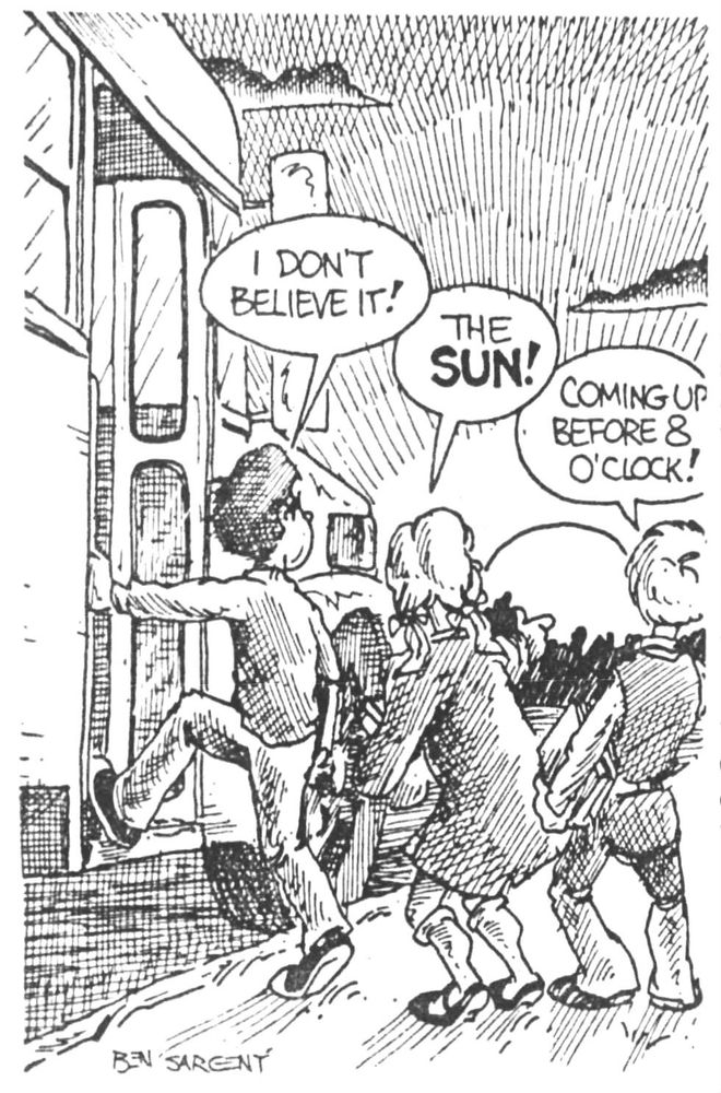 Cartoon by Ben Sargent depicting happiness seeing morning sunlight before 8am after permanent DST's repeal in 1974.