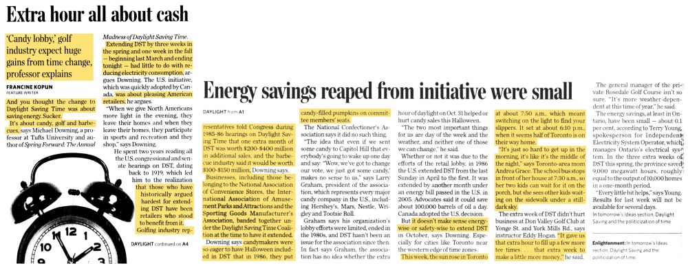News clipping from 2007, linked in our reply. Headline “Extra Hour All About Cash – Energy Savings Reaped from Initiative Were Small”.