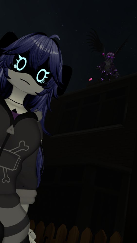 a blue worker drone looking scared and a purple murder drone on top of a roof