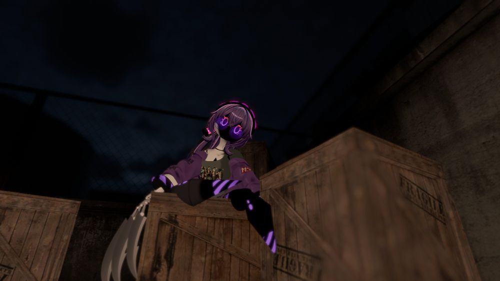 A purple murder/disassembly drone sitting on some crates smiling down at the viewer in the dark, face in complete shadow with an insane look in the glowing eyes, hand turned into claws