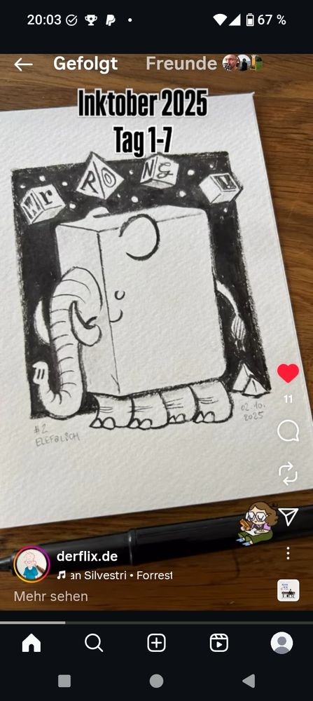 Eine Zeichnung, die einen Elefanten zeigt, der in einem großen karton steckt.