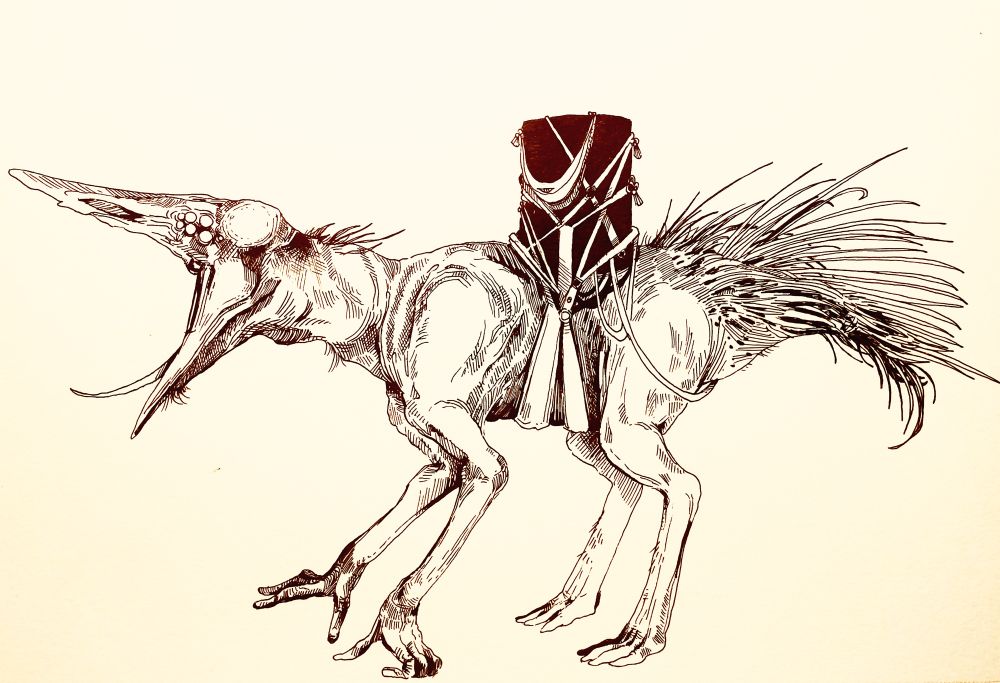 Creature carrying a mysterious black cylindrical object on its back. 