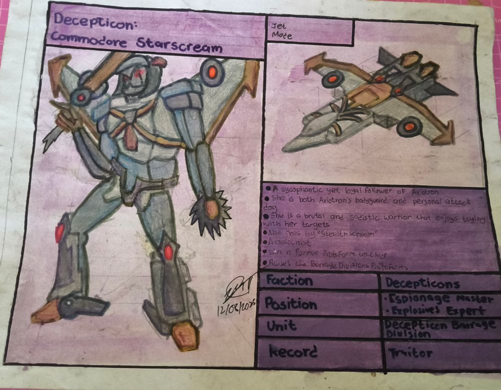 Drawing of 
Commodore Starscream with a short bulleted bio and some personal details