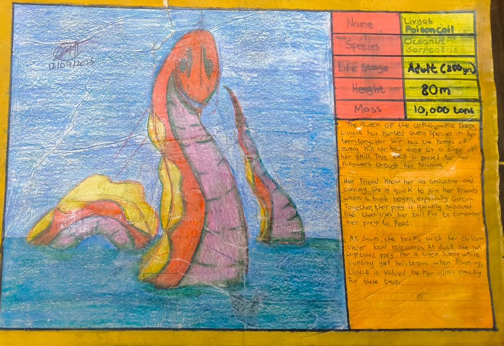 Drawing of my Snake Kaiju OC Livyat Poisoncoil
 
With details
Age: Adult (250 Years)
Height: 80M 
Species: Oceans serpentris
Mass: 10,000 tons

Bio
