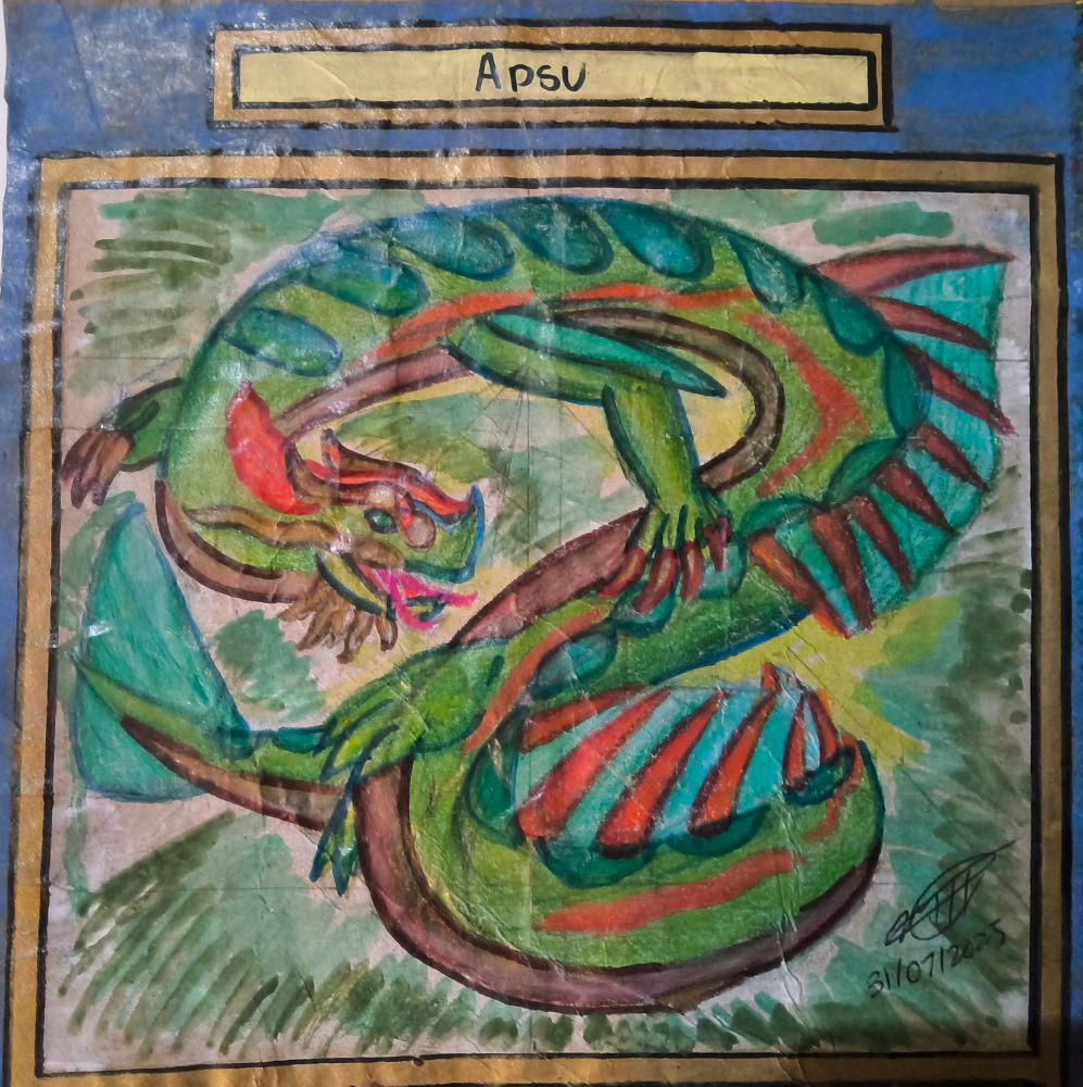 Drawing of the Deity Apsu for my "Absolutes" project
 
Big green snake with fins and orange spines