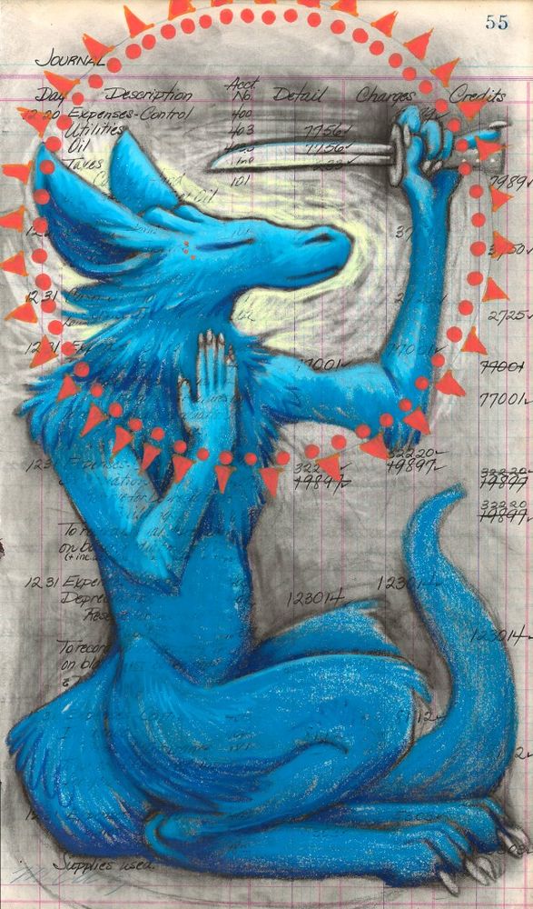 A furry blue creature with ossicones, a furdrake, looks calm and meditative while holding a knife aloft, eyes closed. Despite being a weapon the knife is wielded in kindness and with hope, a ferocity striving to deny the worst fears of what's to come and instead hope for the best.