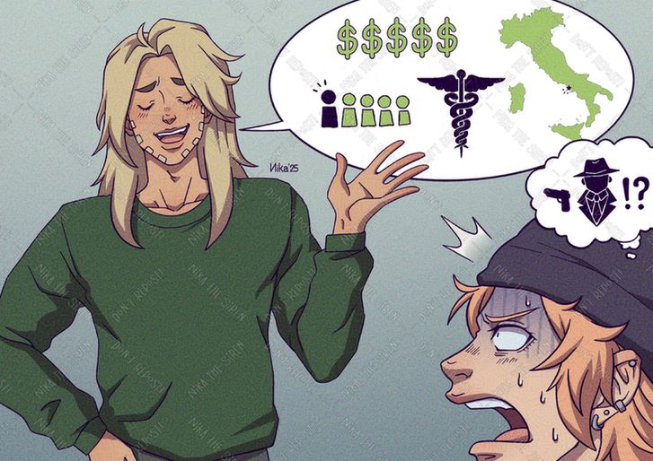 Gyro and Johnny from my AU fanfic "Side Notes". Gyro tells Johnny about himself, that he's from a big, wealthy family of Italians doctors. Johnny is shocked, connecting the dots and thinking Gyro belongs to the Mafia.