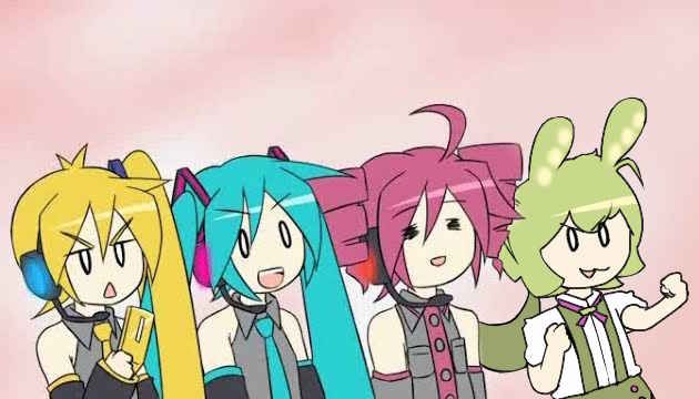 a screenshot of the song "triple baka". neru, miku & teto are there, along with a new addition, zundamon!