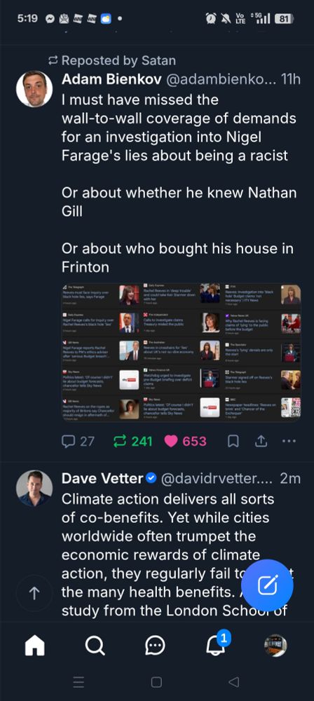 Two tweets, one excoriating the media for not properly investigating Nigel "The Ugliest Fucking Name In The Entire Anglosphere" Farage, and the other asking where the media coverage for the leading super-crisis of our time is