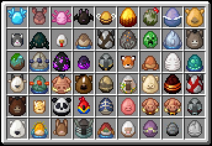 A Minecraft screenshot of 54 spawn eggs using their new textures introduced in Minecraft snapshot 25w08a.