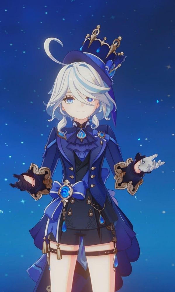 Furina standing with both of her hands raised and a nice smile, giving off a more confident aura with her stance.