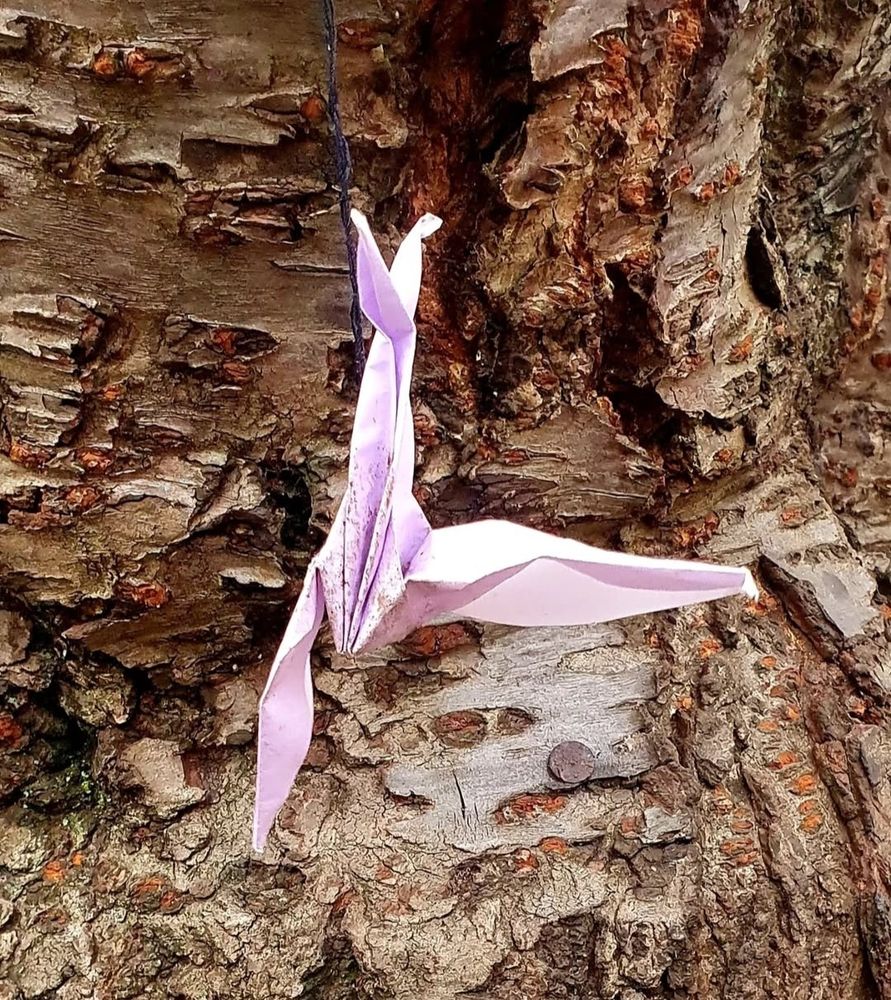 Pink peace crane hanging against the bark of a tree.