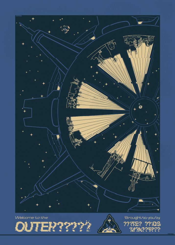 styled poster depicting the space station from the Outer Wilds DLC, echoes of the eye. blue colour scheme, made to look like a garbled tourist poster