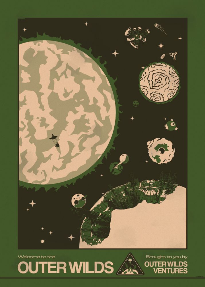 stylised artwork depicting the solar system from the video game Outer Wilds, made to look like a tourist poster with a green colour palette