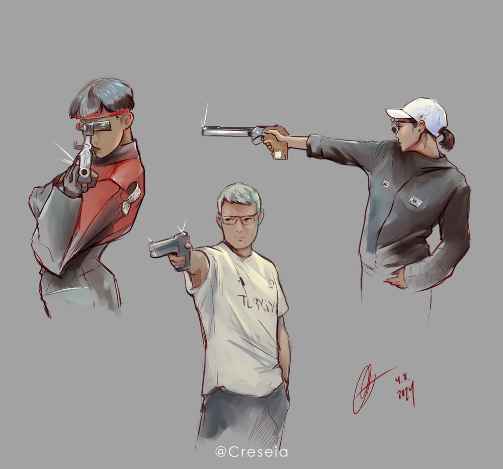 Pose practice on Olympic shooters from summer 2024. South Korea's Choe Daehan and Kim Yeji, and Turkey's Yusuf Dikeç