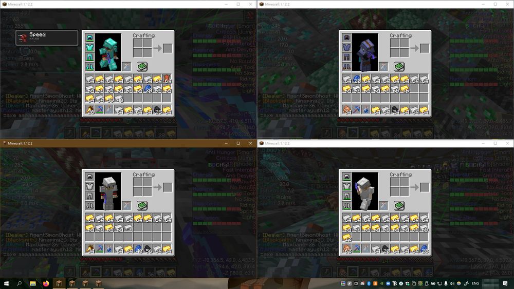 A picture depicting four minecraft clients connecting to a minecraft server to automatically mine resources using scripts