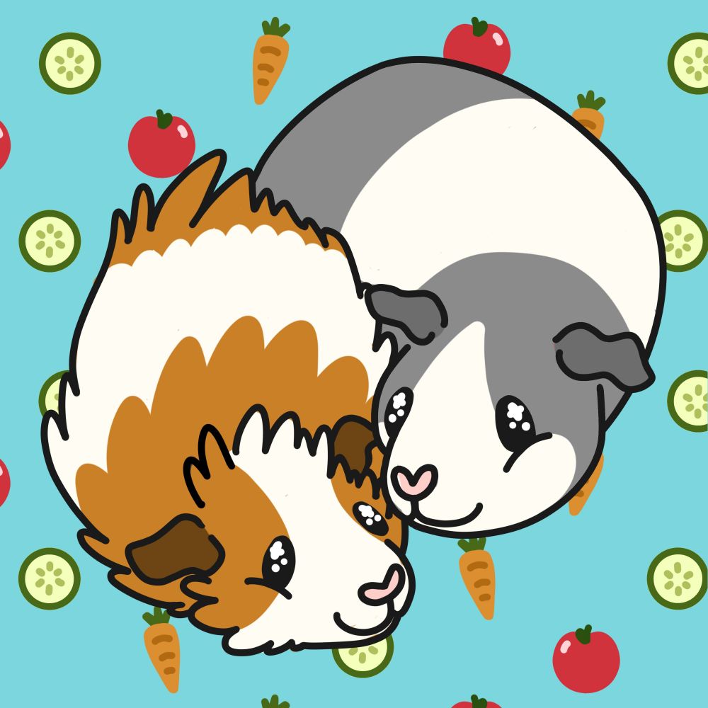 A digital drawing of two guinea pigs cuddling together with smiles on their faces. The background is a pattern of colourful vegetables. 