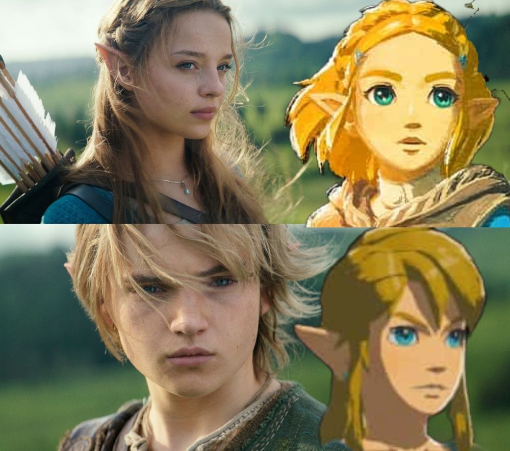On top: An image of an elf woman next to an image of Zelda from Breath of the Wild.
On bottom: An image of a blond young adult male next to an image of Link from Breath of the Wild.