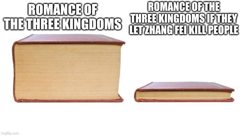 Picture shows two books, a thick book with the caption "Romance of the Three Kingdoms" on the left and a thin book with the caption "Romance of the Three Kingdoms if they let Zhang Fei kill people" on the right.
