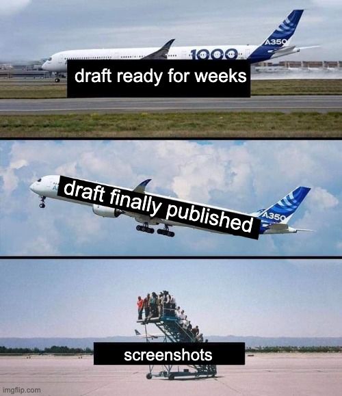 Three panel meme. First panel is of an airplane taxiing on the runway with the text “draft ready for weeks”. Second panel shows plane taking off into the sky with the text “draft finally published”. Last panel is of the temporary stairs full of people who did not get on the plane with the text “screenshots”. Implies that adding visuals to documentation is often forgotten in the moment. 