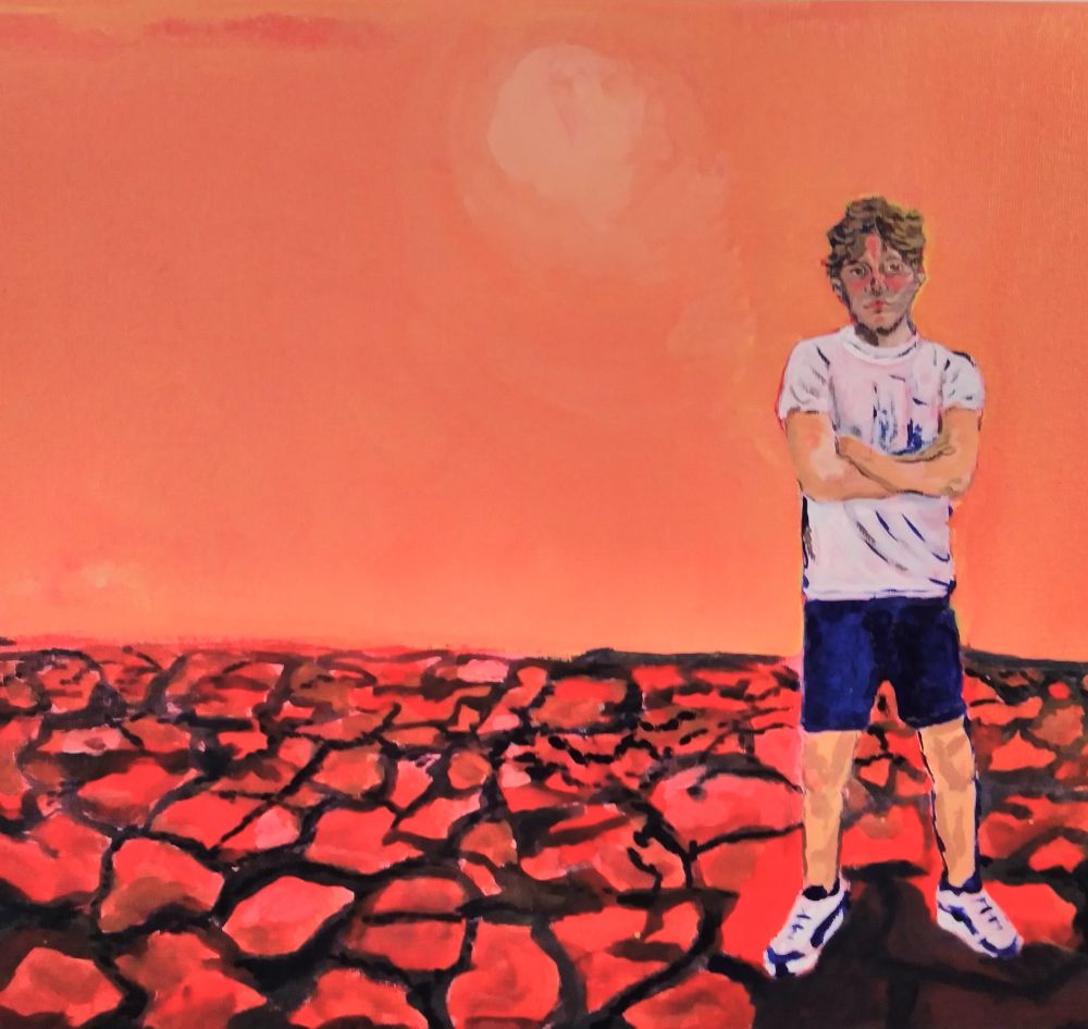 Here's alt text for this painting:

"A painting depicting a young person with curly hair standing with arms crossed, wearing a white t-shirt, blue shorts, and white sneakers. They are positioned on cracked, reddish-orange ground that appears drought-stricken or desert-like, with deep fissures running through it. The background is a vibrant orange-red sky. The painting style appears to be contemporary with bold, expressive brushstrokes and a striking color palette dominated by warm tones of orange and red contrasted with the cooler blues and whites of the figure's clothing."