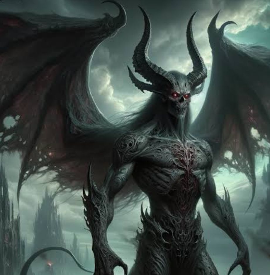 Arte de um domínio gigante com duas asas de morcego abertas, chifres grandes, olhos vermelhos, rosto de caveira. 