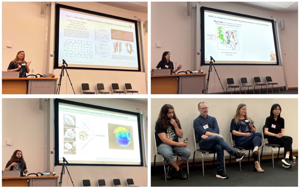 Photos from the CCPN 2025 conference session on the use of NMR in protein design and engineering research showing speakers Clara Schoeder, Amy Guo, Clement Degut and Magnus Wolf-Watz