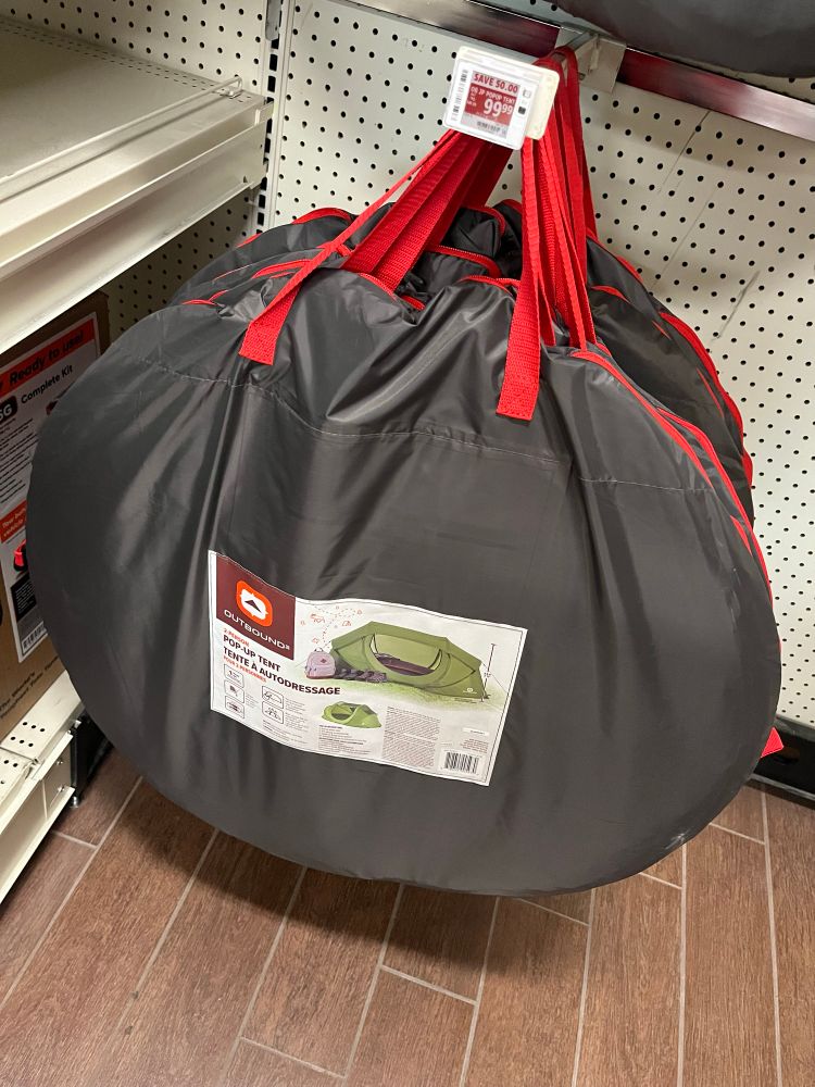 An “Outbound” brand Pop Up Tent. $99CAD for the 2 person one right now at Canadian Tire. 