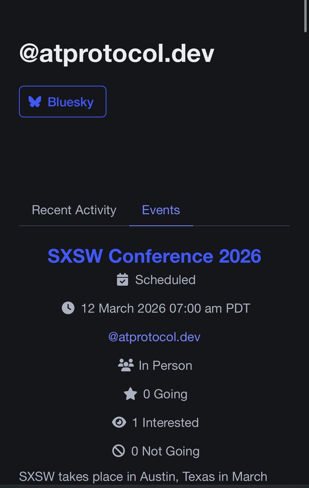 Screenshot of the @atprotocol.dev profile page https://smokesignal.events/did:plc:lehcqqkwzcwvjvw66uthu5oq - with the events tab selected. 

These are events created by the current profile. 

(2) as an event organizer I want to display curated events on my page. I want to make it easy for people to subscribe to be notified of all my events and drive them to RSVP. 

I may want to choose a more compact view to show more of them, or a photo grid view, or by month. 

The events tab should probably be the default. 

Some changes needed to curate events not just the ones created by the account.