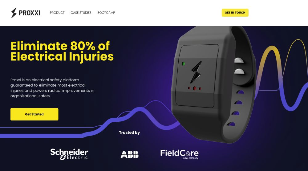 Screenshot of the PROXXI home page - it's a wearable that detects electricity plus software around it for tracking electrical field strength and other worker safety.