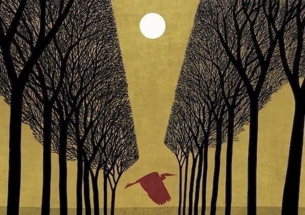 Large red bird with extended wings flying low between two lines of dark, winter trees and under a rising sun/moon, mustard yellow background