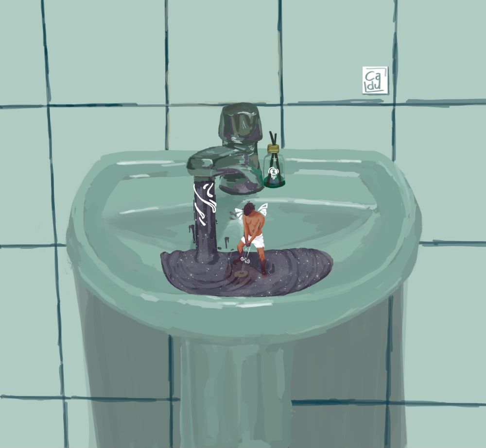 Ilustração digital por @caduxcadu | 
Uma pia de banheiro de cor verde-acinzentado e dentro dela está uma pessoa em uma versão bem pequena, como um boneco: um homem, negro, jovem, de cabelo curto, cacheado e escuro, corpo magro, usando apenas shorts brancos. 
A torneira está aberta jorrando um líquido escuro com aspecto de espaço sideral, com estrelas e galáxias.
O homem faz força puxando a cordinha do tampão da pia, que está enchendo com ele dentro. Atras da pia tem uma parede de azulejos claros e na pia, ao lado da torneira, tem um odorizador de ambiente. 
