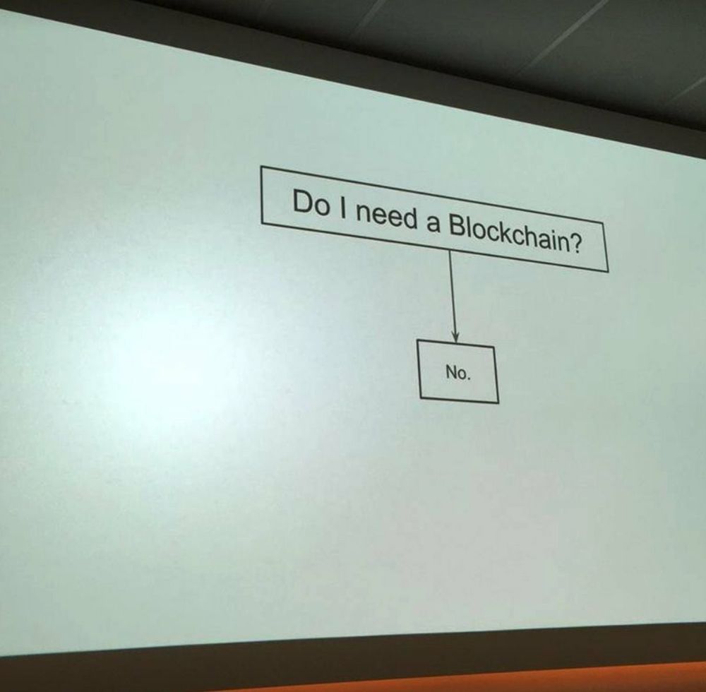 Projector screen showing a flowchart with two boxes connected by an arrow. The top one says, "Do I need a Blockchain?" The bottom one says, "No."