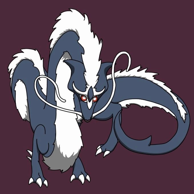A long, Eastern-style dragon. It's main body is a dark blue-grey. The top of it and its belly are covered in fluffy white fur, as well as having two long, white whiskers. The end of its tail is shaped like a type of war-scythe. It's eyes are red and its claws are white.
