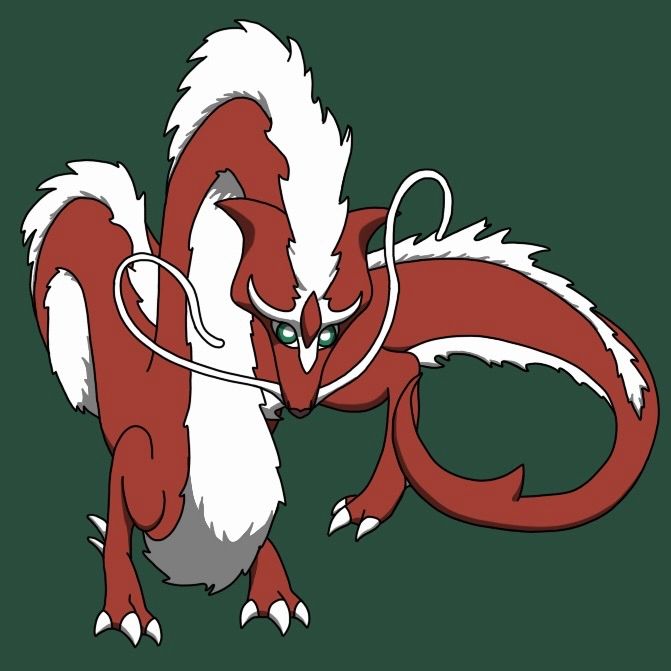 A long, Eastern-style dragon. It's main body is a red. The top of it and its belly are covered in fluffy white fur, as well as having two long, white whiskers. The end of its tail is shaped like a type of war-scythe. It's eyes are blueish-green and its claws are white.