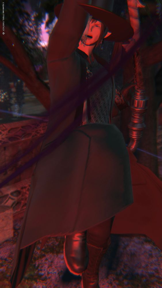 A screenshot from Final Fantasy XIV of Gen Rhapsodos in a Your Idol inspired cosplay. He is jumping in mid air swinging the scythe toward the viewer.