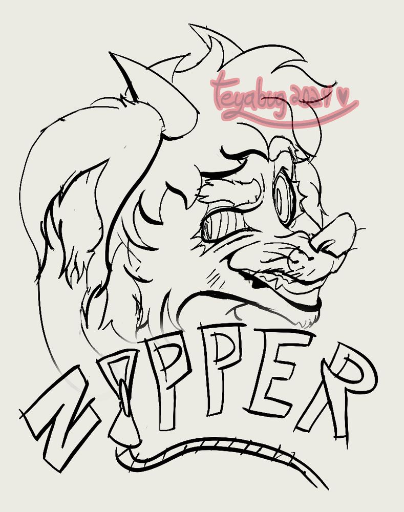 A doodle of Zipper, an anthropomorphic dog-like creature with horns and droopy ears. He has a wide smile and a conniving look on his face. The text "Zipper" is below him, with the "I" drawn to look like a zipper.