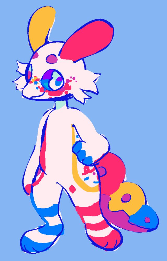 A drawing of hopskotch, an anthropomorphic kemono-looking character. They are white with multicoloured freckles on their face, and red, yellow and blue lines and markings on their body. On their head are two large antennae. Their tail is grub-like in appearance, with an purple underside and red, yellow and blue coloured segments with a purple dot in the middle of each segment.
