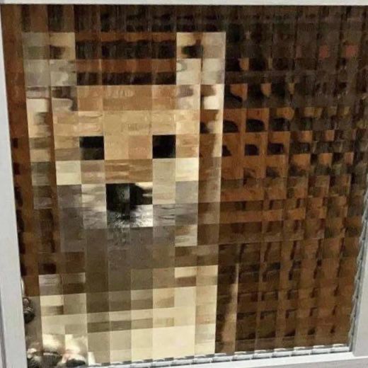 A small brown terrier stands behind a square-patterned opaque glass door, creating a pixelated look.