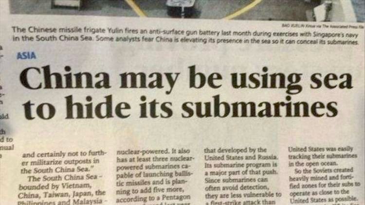 Newspaper headline reads “China may be using sea to hide its submarines.”