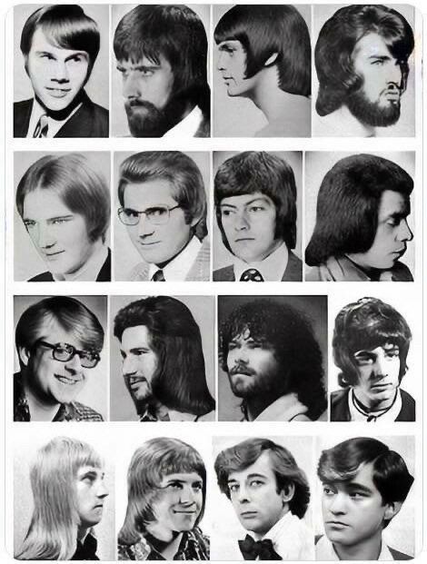 Black and white grid of 16 photos of 70s male hairstyles.
