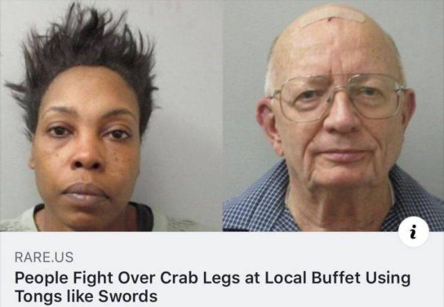 News article headline reads "People Fight Over Crab Legs at Local Buffet Using Tongs Like Swords," accompanied by photos of the two participants.