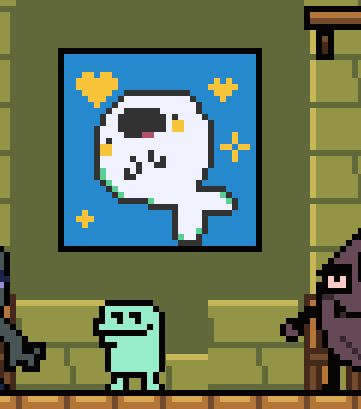 a closeup of a pixel drawing of a baby seal, also in an in-game canvas. outside of the canvas is the main character garbanzo.